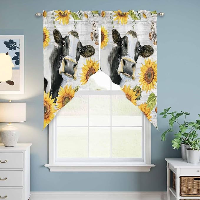 Retro Farmhouse Floral Swag Valances for Windows, Yellow Sunflowers Cows Butterfly Wood Rod Pocket Kitchen Curtains Valance, Small Window Curtains Swag for Cafe Living Room, 2 Panels, 28x36 inch