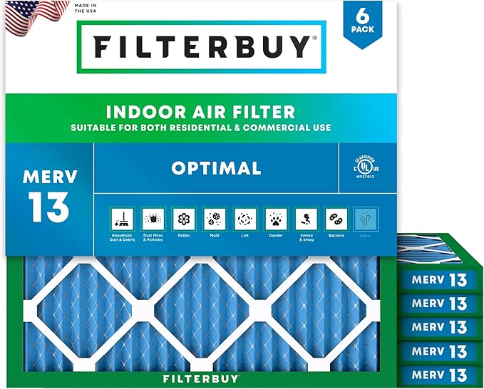 Filterbuy 15x15x1 Air Filter MERV 13 Optimal Smoke & Allergy Defense (6-Pack), Electrostatic Pleated HVAC AC Furnace Filters Replacement, Made in USA (Actual Size: 15.00 x 15.00 x 0.75)