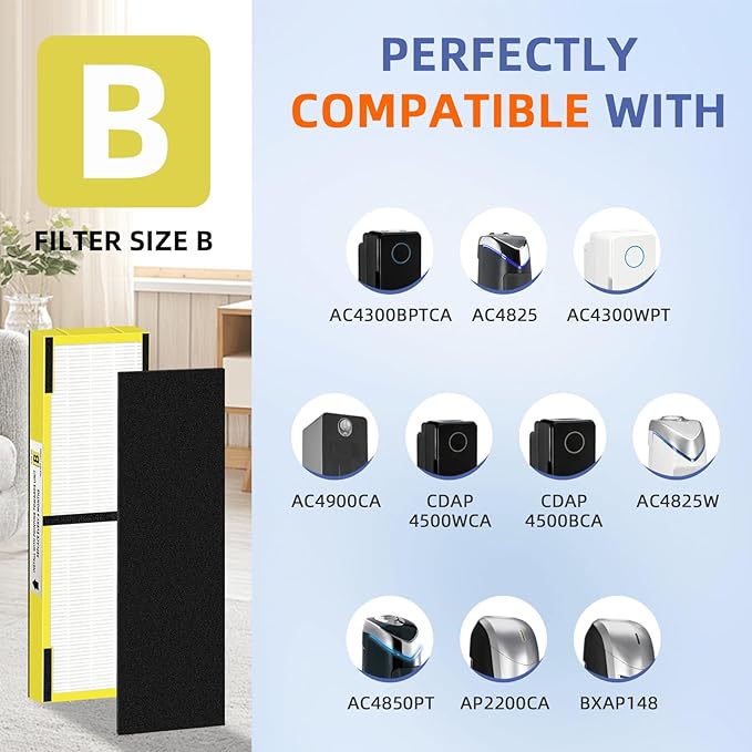 FLT4825 HEPA Filter B Replacement Compatible with G-Guardian Air Purifiers AC4825 AC4825E AC4825W AC4300 AC4800 AC4900 AC4850,2 H13 True HEPA Filters+8 Carbon Pre-Filters