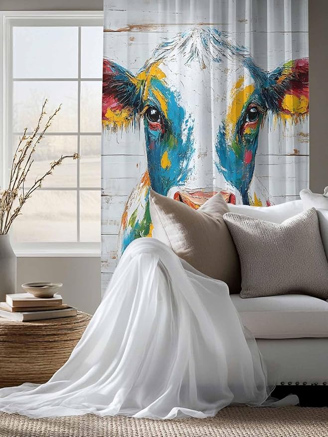 Sheer Curtains 63 Inch Length, Rustic Cow Semi Sheer Curtains Light Filtering Window Treatment, Vintage Colorful Animals Art Wooden Grain Privacy Voile Drapes for Living Room Bedroom 52x63 Inch