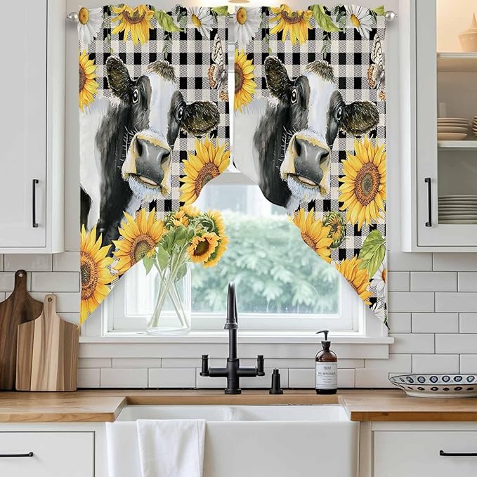 Retro Sunflowers Swag Valances for Windows, Farmhouse Floral Cow Butterfly Black Plaid Rod Pocket Kitchen Curtains Valance, Kitchen Window Curtains Swag for Cafe Living Room, 2 Panels, 36x45 inch