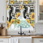 Retro Sunflowers Swag Valances for Windows, Farmhouse Floral Cow Butterfly Black Plaid Rod Pocket Kitchen Curtains Valance, Small Window Curtains Swag for Cafe Living Room, 2 Panels, 28x36 inch