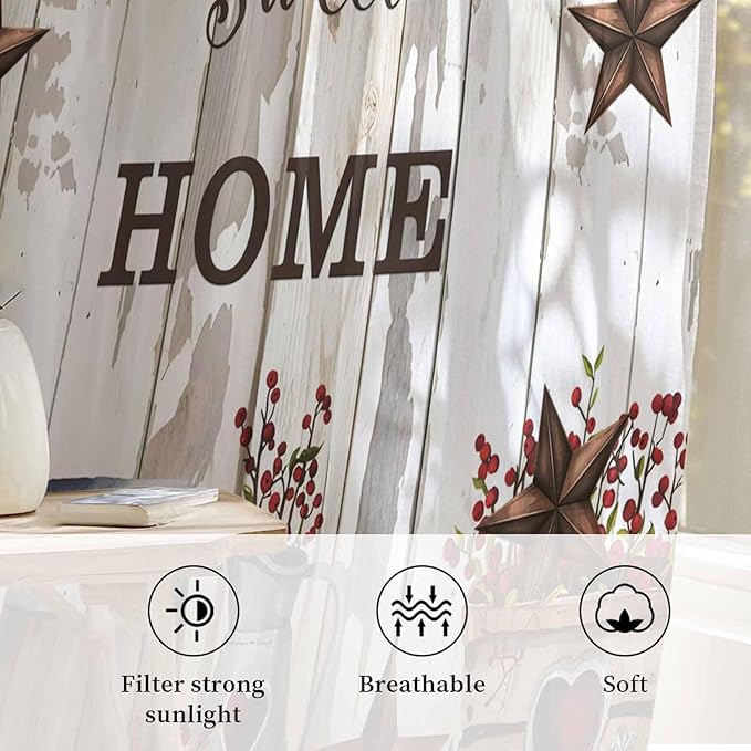 Farmhouse Sheer Curtains 96 Inch Length Retro Country Star Berry Vintage Wood Grain Chiffon Curtain for Bedroom Living Room Light Filtering Rod Pocket Window Treatments Voile Curtains Drapes