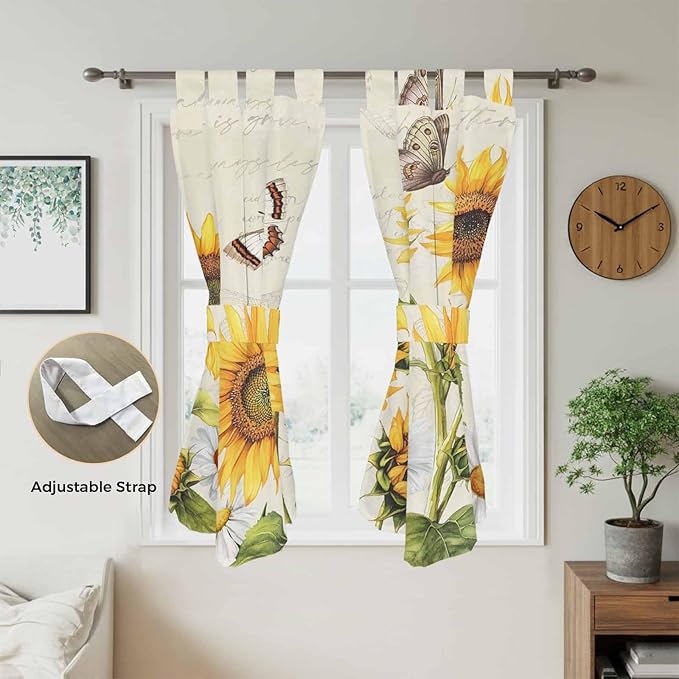Farm Sunflowers Living Room Curtains 84 Inch Length, Window Curtains Tab Top, Retro Flowers Butterfly Botanical Beige Light Filtering Window Treatments Drapes 42"x84" 2 Panel