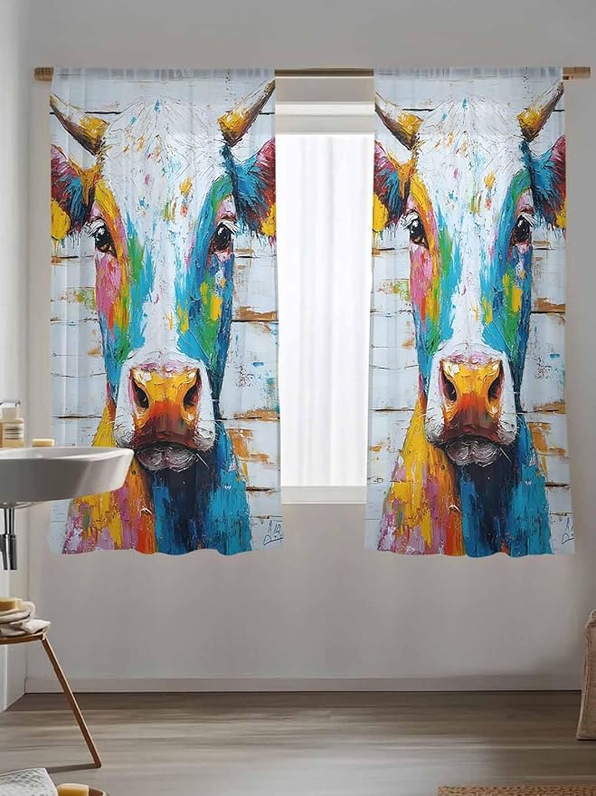 Sheer Curtains 63 Inch Length, Funny Colorful Cow Semi Sheer Curtains Light Filtering Window Treatment, Retro Rustic Oil Painting Wood Grain Privacy Voile Drapes for Living Room Bedroom 52x63 Inch