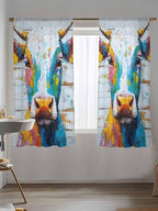 Sheer Curtains 63 Inch Length, Funny Colorful Cow Semi Sheer Curtains Light Filtering Window Treatment, Retro Rustic Oil Painting Wood Grain Privacy Voile Drapes for Living Room Bedroom 52x63 Inch