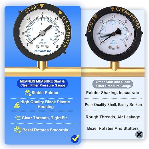 MEANLIN MEASURE 0~60Psi Plastic Frame 1/4" NPT Start and Clean Filter Pressure Gauge, Suitable for Swimming Pool, Spa, Aquarium (0-60Psi/0-4BAR/KIT, Center Back Mount)
