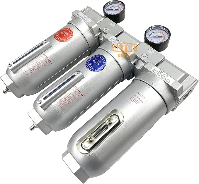 1" NPT SUPER DUTY Industrial Grade 3 Stages Filter Coalescing Desiccant Dryer System For Compressed Air Lines, Metal Bowls, Great For Paint Spray And Plasma Cutter (MANUAL DRAIN)