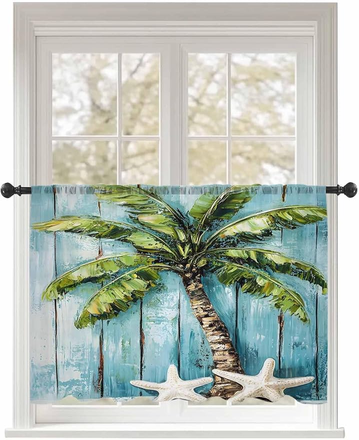 Sheer Curtains 54 Inch Length, Coastal Beach Starfish Semi Sheer Curtains Light Filtering Window Treatment, Blue Green Tropical Palm Tree Wood Grain Privacy Voile Drapes for Living Room 52x54 Inch