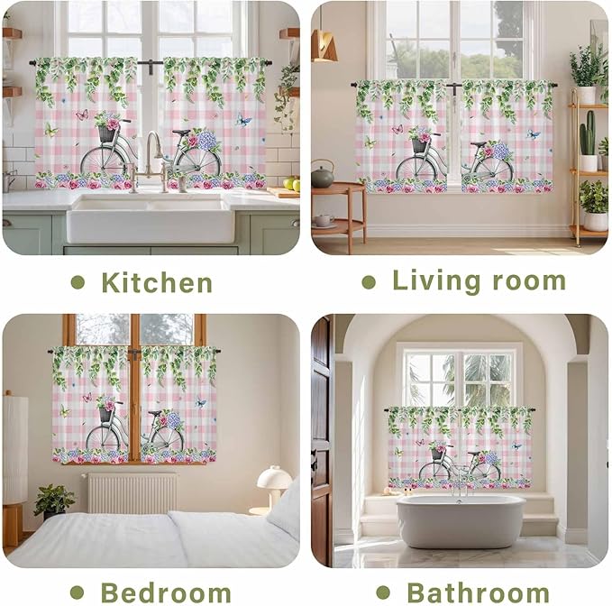 Spring Tier Curtains, Bicycles Leaves Butterfly Flowers Pink Buffalo Plaid Light Filtering Kitchen Curtains, 2Pcs Rod Pocket Half Window Treatments Panels for Sink Cafe Cabinet Basement 27.5x45 Inches