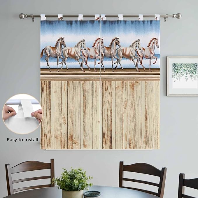 Western Horse Bedroom Curtains 72 Inch Length, Window Curtains Tab Top, Farmhouse Wooden Grain Vintage Cowboy Barn Door Light Filtering Window Treatments Drapes 52"x72" 2 Panel