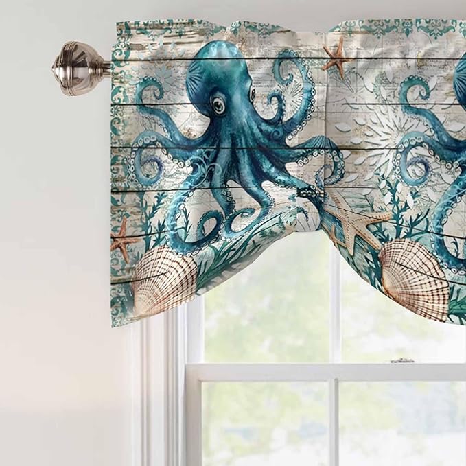Sea Octopus Ocean Starfish Tie Up Valance Curtains,Nautical Anchor Vintage Wood Grain Kitchen Light Filtering Window Treatments with 3-inch Rod Pocket for Living Room,Bedroom,42x18In