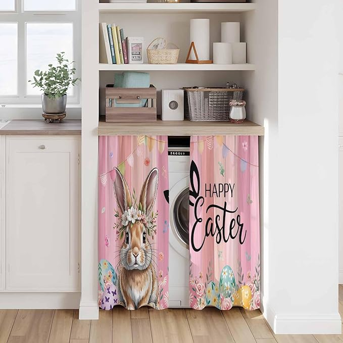 Easter Tier Curtains, Spring Rabbit Eggs Flowers Flags Leaves Wood Grain Light Filtering Kitchen Curtains, 2Pcs Rod Pocket Half Window Treatments Panels for Sink Cafe Cabinet Basement 27.5x45 Inches