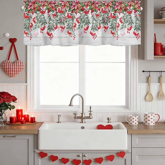 Poinsettia Berry Valance Curtains for Kitchen, Red Floral Winter Plants Vintage Wood Grain Privacy Rod Pocket Valance Curtain, Light-Filtering Window Treatment for Bedroom Bathroom, 42"x18"