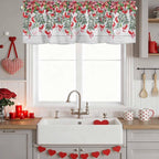 Poinsettia Berry Valance Curtains for Kitchen, Red Floral Winter Plants Vintage Wood Grain Privacy Rod Pocket Valance Curtain, Light-Filtering Window Treatment for Bedroom Bathroom, 42"x12"