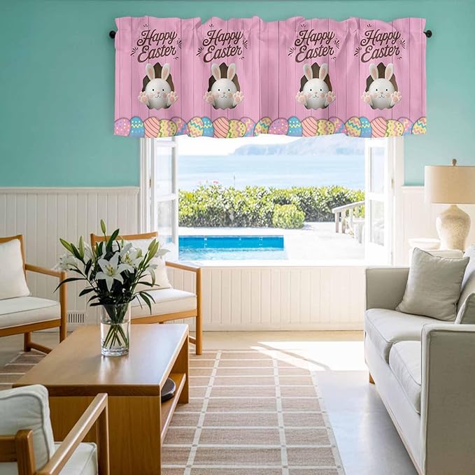 Pink Easter Curtain Valances for Windows, Kitchen Valance Window Treatment, Easter Bunny Eggs Spring Cartoon Farmhouse Wood Grain Light Filter Block Curtains for Bathroom/Bedroom/Living Room 42''x18''