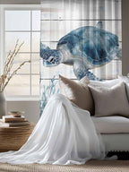 Sheer Curtains 72 Inches Long, Ocean Sea Turtle Semi Sheer Curtains Light Filtering Window Treatment, Coastal Seaweed Vintage Wood Grain Privacy Voile Drapes for Living Room Bedroom 52x72 Inch