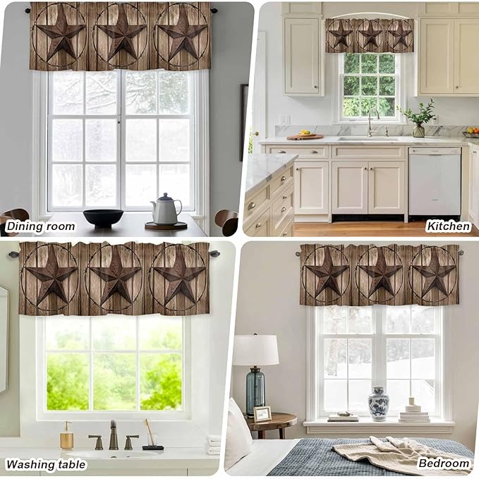 Vintage Texas Star Valances for Windows, Brown Wood Grain Wire Kitchen Valance Light Filtering Rod Pocket Short Curtains for Kitchen Bathroom, 1 Panel, 60"x14"