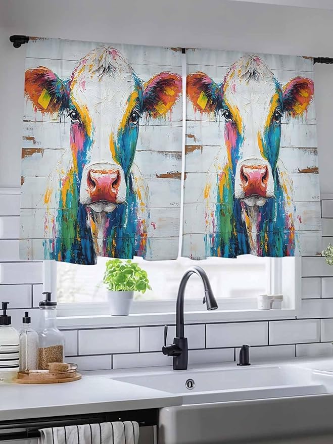 Sheer Curtains 45 Inch Length, Farmhouse Oil Painting Semi Sheer Curtains Light Filtering Window Treatment, Colorful Cow Animal Wooden Grain Privacy Voile Drapes for Living Room Bedroom 52x45 Inch