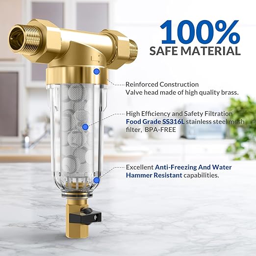 SimPure DC5S 40 Micron Spin Down Sediment Filter, Reusable Whole House Sediment Water Filter Softener with Siliphos Helps Prevent Scale and Corrosion, 1" MNPT + 3/4" FNPT + 3/4"MNPT, BPA Free