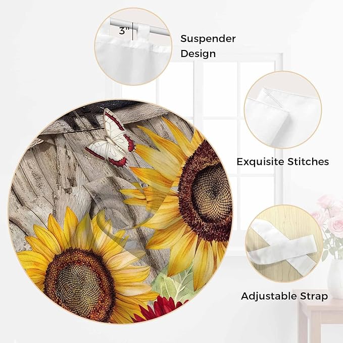 Sunflowers Bedroom Curtains 63 Inch Length, Window Curtains Tab Top, Retro Flower Barn Doors Butterfly Farmhouse Brown Light Filtering Window Treatments Drapes 42"x63" 2 Panel