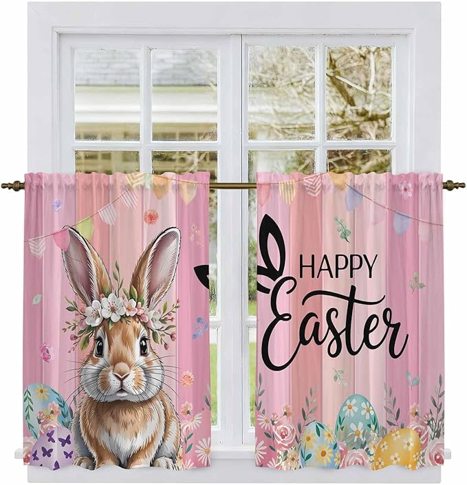 Easter Kitchen Curtains, Spring Rabbit Eggs Flowers Flags Leaves Wood Grain Light Filtering Window Curtain Panels, 2Pcs Rod Pocket Window Treatments Set for Cabin Bathroom Bedroom 52x45 Inches