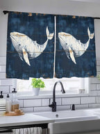 Sheer Curtains 45 Inch Length, Ocean Whale Blue Semi Sheer Curtains Light Filtering Window Treatment, Coastal Vintage Wooden Grain Privacy Voile Drapes for Living Room Bedroom 52x45 Inch