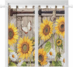 Farmhouse Sunflowers Bedroom Curtains 72 Inch Length, Window Curtains Tab Top, Rustic Barn Doors Flowers Butterfly Wooden Light Filtering Window Treatments Drapes 52"x72" 2 Panel