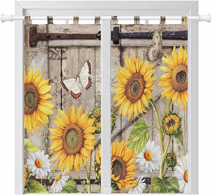 Farmhouse Sunflowers Living Room Curtains 84 Inch Length, Window Curtains Tab Top, Rustic Barn Doors Flowers Butterfly Wooden Light Filtering Window Treatments Drapes 42"x84" 2 Panel