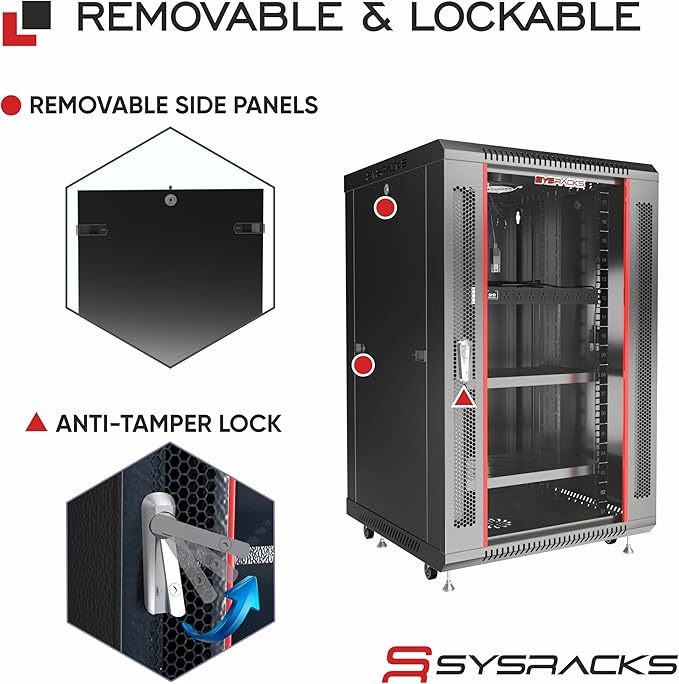 Sysracks 18U Wall Mount Server Rack Cabinet, 19” Locking Network Rack, 24” Deep, Glass Door, with Fan, PDU and Shelf