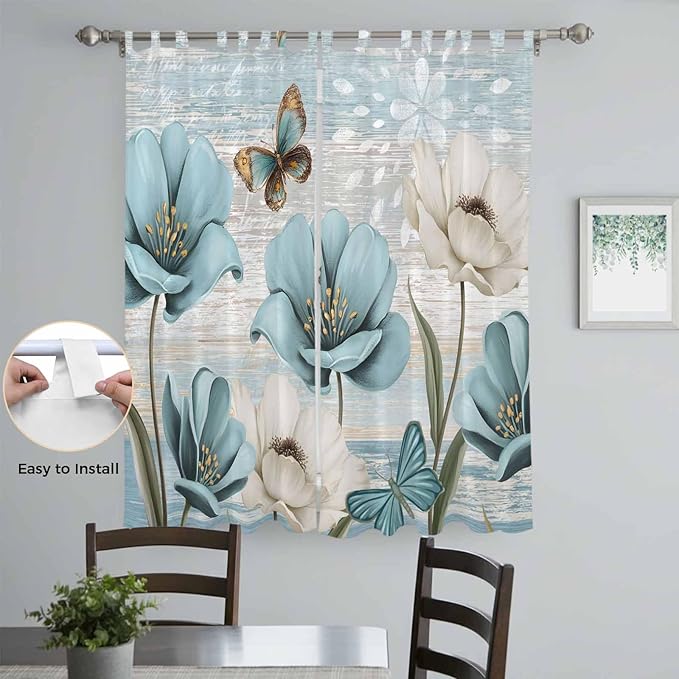 Spring Floral Living Room Curtains 96 Inch Length, Window Curtains Tab Top, Vintage Tulips Flower Butterfly Retro Wood Blue Light Filtering Window Treatments Drapes 52"x96" 2 Panel