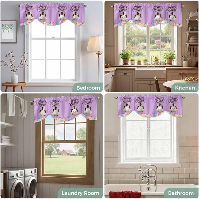 Purple Easter Tie Up Valance Curtains for Windows, Kitchen Curtains Window Shades, Spring Cartoon Bunny Colorful Eggs Wood Grain Light Filtering Curtain Valances for Bedroom/Bathroom/Cafe 60"x18"