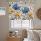 Blue Yellow Tulips Kitchen Curtains 45 Inch Length, Short Cafe Window Curtains Tab Top, Retro Farmhouse Flower Barn Doors Wooden Light Filtering Window Treatments Tier Drapes 27.5"x45" 2 Panel
