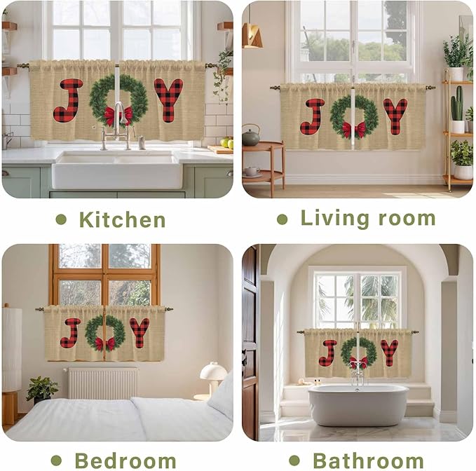 Red Green Christmas Kitchen Tier Curtains 36 Inch Long 2 Panel Set,Rod Pocket Half Window Curtains Over Sink,Xmas Botanical Winter Farmhouse Short Drapes for Bathroom Cafe 27.5"W x 36"L