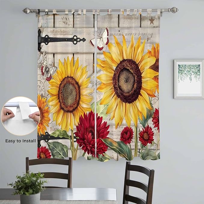 Red Yellow Sunflowers Living Room Curtains 84 Inch Length, Window Curtains Tab Top, Retro Rustic Barn Doors Butterfly Brown Light Filtering Window Treatments Drapes 52"x84" 2 Panel