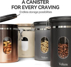 Veken Coffee Canister with Window,Airtight Stainless Steel Pantry Container,Home Kitchen Food Storage Organizers for Ground,Beans,Espresso,Rice,Tea,Sugar,Cereal, Decor,Bar Accessories,Gifts,22OZ,Black