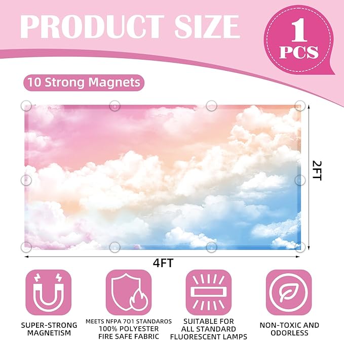 Fluorescent Light Covers - Classroom Covers for Ceiling Lights, 1 PCS 4 x 2 Feet Magnetic Light Filters, Classroom, Office Decor (Rainbow)