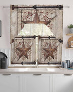 Country Star Swag Kitchen Curtains Valance and Tier Set, VintageRust Yellow Star Berry Beige Barn Gate Light-Filtering Swag Valance 24 Inch Length, Rod Pocket Short Curtain for Bedroom Cafe