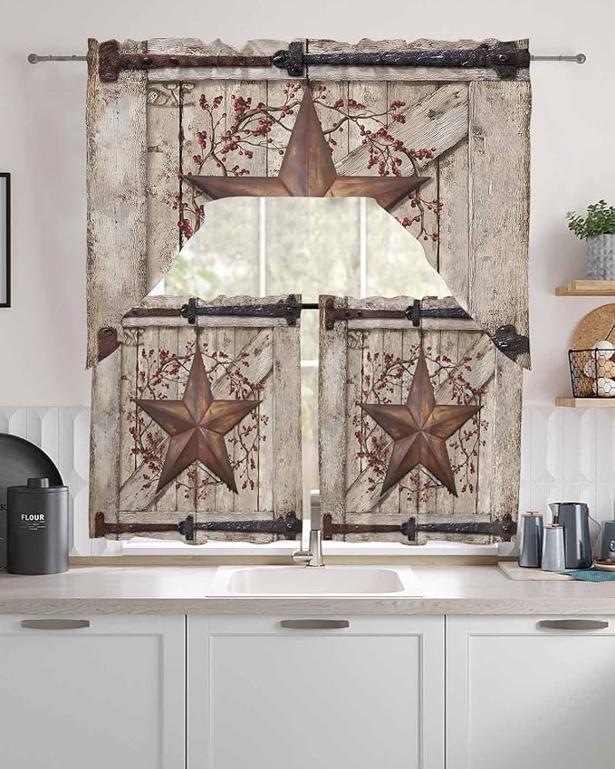 Country Star Swag Kitchen Curtains Valance and Tier Set, VintageRust Yellow Star Berry Beige Barn Gate Light-Filtering Swag Valance 24 Inch Length, Rod Pocket Short Curtain for Bedroom Cafe