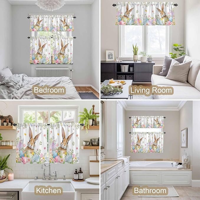 Kitchen Curtains Tiers and Valance Set of 3, Easter Light Filtering Window Curtain Set, Spring Rabbit Colorful Eggs Budding Florals Leaf Rod Pocket Curtain Drapes for Living Room, 36 Inches Tiers