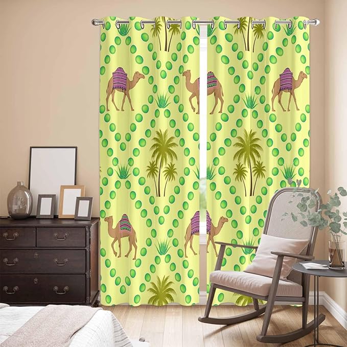 2 Panel Kitchen Cafe Curtains, Desert Sand Camels Sunlight Filtering Nature Air Through, Window Decor Tier Curtains for Living Room 80W x 84L inch Palm Trees Tropical Plants Polka Dot Yellow