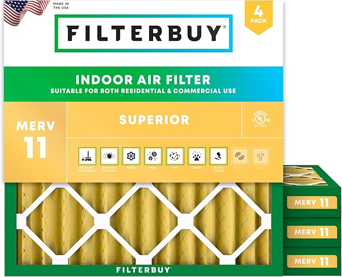 Filterbuy 12x12x2 Air Filter MERV 11 Superior Pet & Allergy Defense (4-Pack), Electrostatic Pleated HVAC AC Furnace Filters Replacement, Made in USA (Actual Size: 11.50 x 11.50 x 1.75)