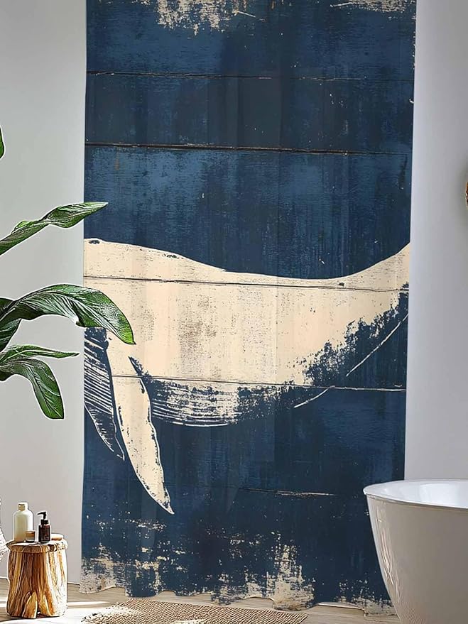 Sheer Curtains 96 Inches Long, Ocean Whale Blue Semi Sheer Curtains Light Filtering Window Treatment, Summer Coastal Vintage Wood Grain Privacy Voile Drapes for Living Room Bedroom 52x96 Inch
