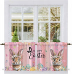 Easter Tier Curtains, Spring Rabbit Eggs Flowers Flags Leaves Wood Grain Light Filtering Kitchen Curtains, 2Pcs Rod Pocket Half Window Treatments Panels for Sink Cafe Cabinet Camper 27.5x36 Inches