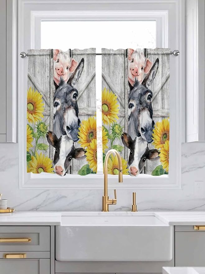 Farmhouse Tier Curtains 45 Inches Long, Watercolor Sunflowers Animals Printed Wood Grain Window Treatment Curtain Drapes, Window Half Privacy Curtains for Bedroom Bathroom, 42"x45", 2 Panels