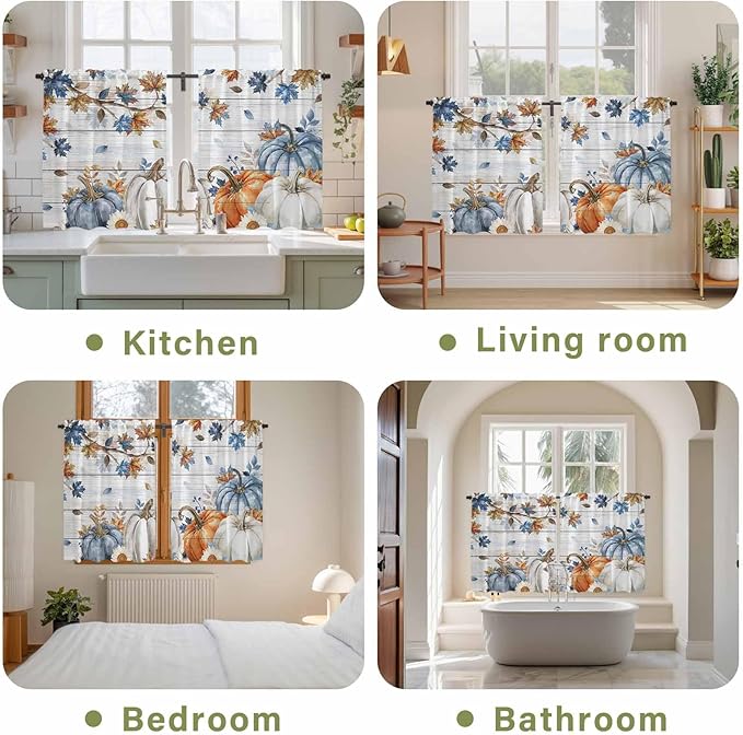 Thanksgiving Pumpkin Kitchen Curtains 45 Inch Long 2 Panel Set, Rod Pocket Window Treatment, Fall Maple Leaf Daisy Wooden Grain Light Filtering Panels Short Drapes for Bathroom Camper 42"W x 45"L