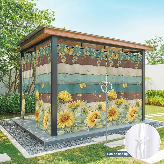Sunflowers Outdoor Curtains for Patio Summer Floral Eucalyptus Leaves Vintage Wood Waterproof Outside Curtains with Grommet Top Weatherproof Curtain for Cabana Pergola Gazebo, 1 Panel, 54" W x 108" L