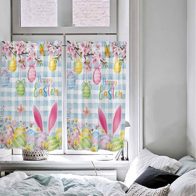 Happy Easter Kitchen Curtains 45 Inches length, Spring Watercolor Bunny Eggs Flower Blue Plaid Window Treatment Curtain Drapes, Lightweight Window Panels for Living Room Bedroom, 52"x45", 2 Panels