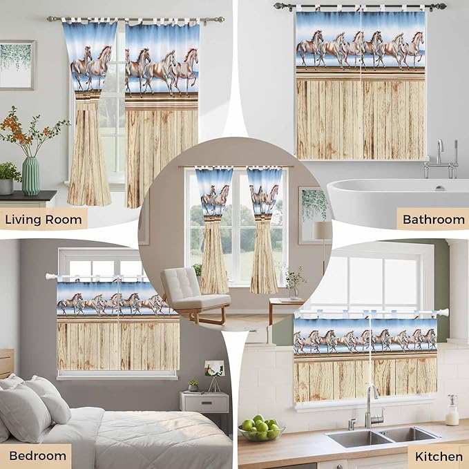 Western Horse Living Room Curtains 96 Inch Length, Window Curtains Tab Top, Farmhouse Wooden Grain Vintage Cowboy Barn Door Light Filtering Window Treatments Drapes 52"x96" 2 Panel