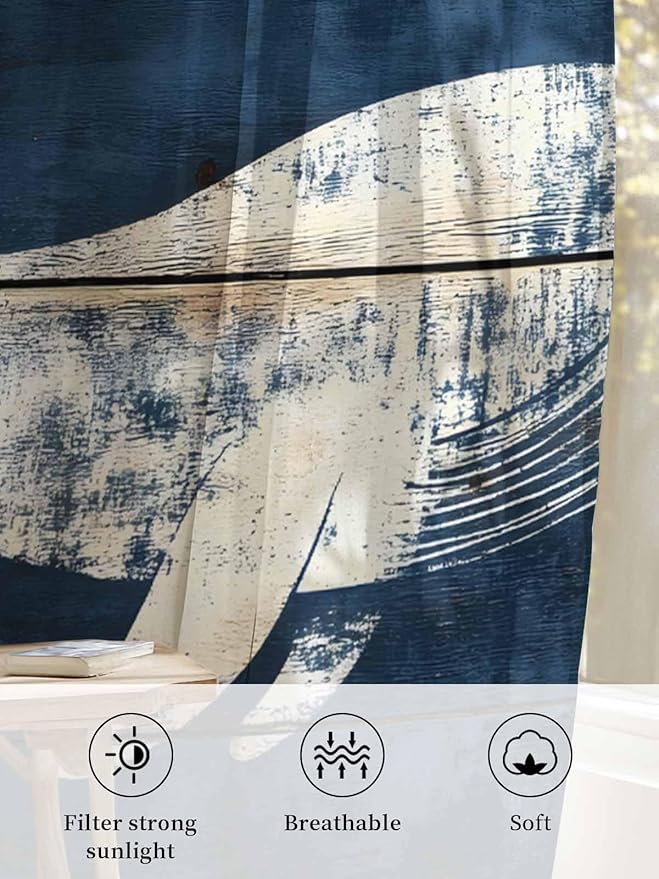 Sheer Curtains 72 Inches Long, Ocean Whale Blue Semi Sheer Curtains Light Filtering Window Treatment, Summer Sea Vintage Wooden Grain Privacy Voile Drapes for Living Room Bedroom 52x72 Inch